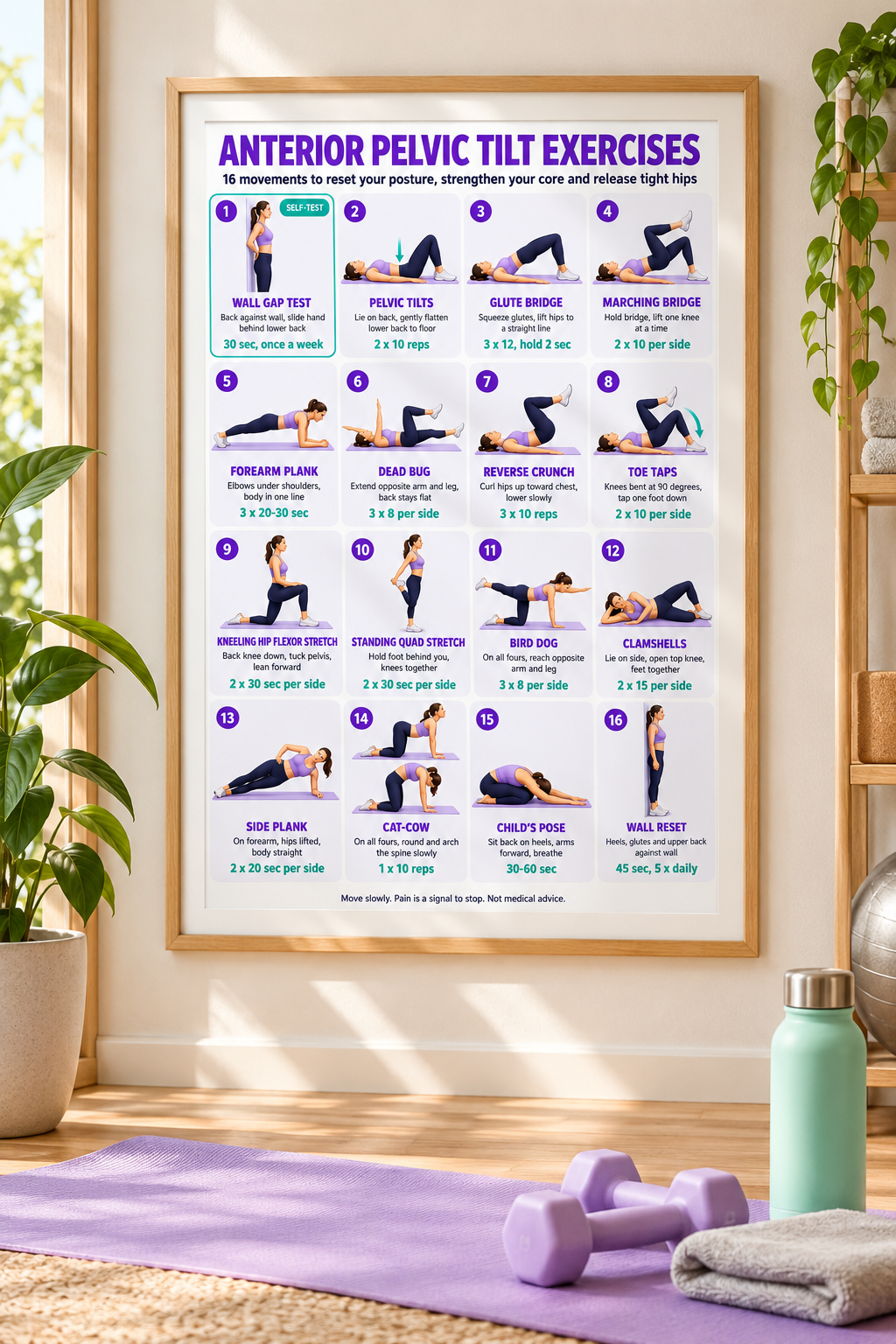 Anterior pelvic tilt exercise poster with 16 illustrated exercises framed in a home gym