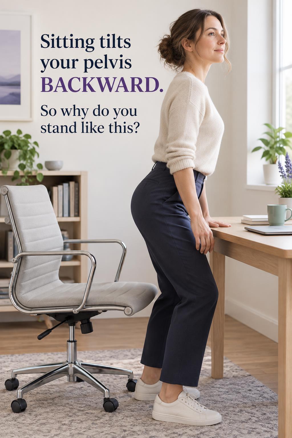 Woman standing up from a desk chair with an arched lower back, illustrating anterior pelvic tilt from sitting