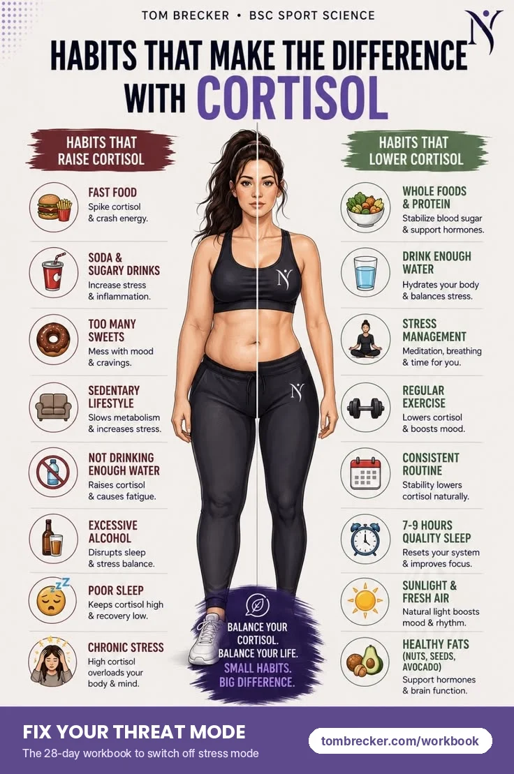 Habits that raise and lower cortisol: fast food, sugary drinks, poor sleep and chronic stress on one side, whole foods, water, sleep, exercise and stress management on the other